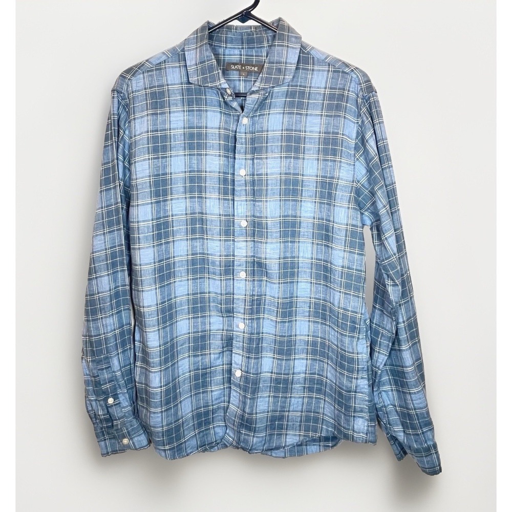 Slate & Stone Shirt Men's 100% Linen Sz Large Blue Plaid Button Up Long Sleeve
